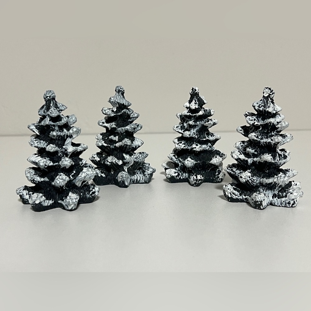 Lot of (4) - Mervyn’s Village Square 1998 Tree Snow Flocked 3” Christmas Decor